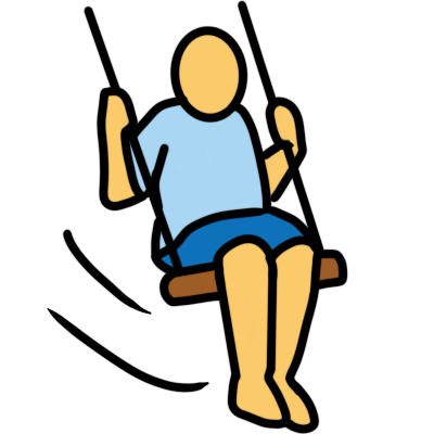 a yellow figure, wearing a light blue tshirt, and blue shorts, swinging on a simple swing. the swing has motion lines.